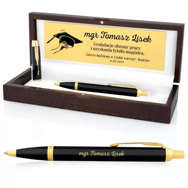 Długopis firmy Parker IM Czarny GT w drewnianym etui z personalizacją