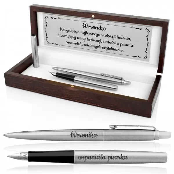 Komplet: Długopis i pióro Parker w drewnianym pudełku z opcją grawerowania