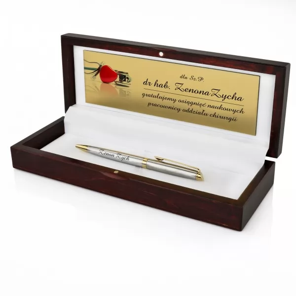 Długopis Waterman Hemisphere Stalowy GT z grawerem w drewnianym etui