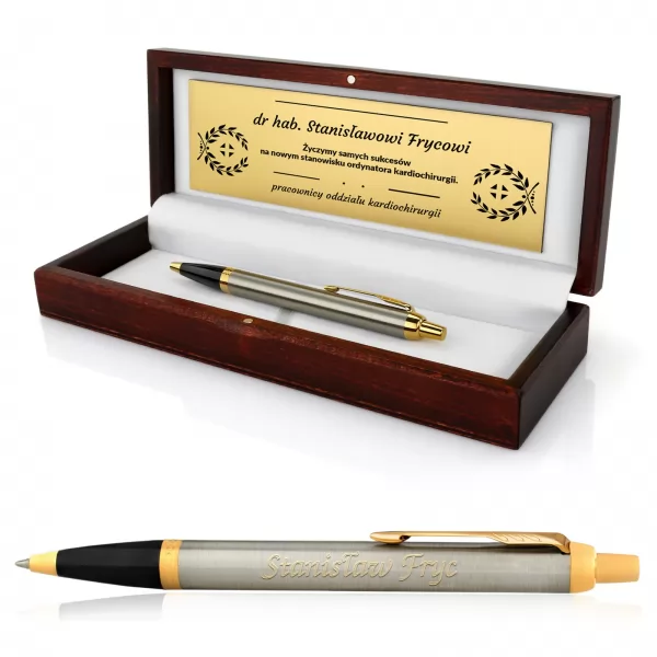 Długopis Parker IM Brushed GT w drewnianym etui z personalizacją